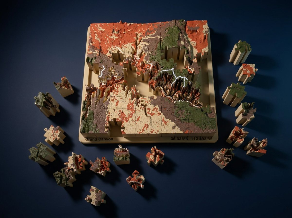 Einzelne Puzzleteile und zusammengesetztes Gelände