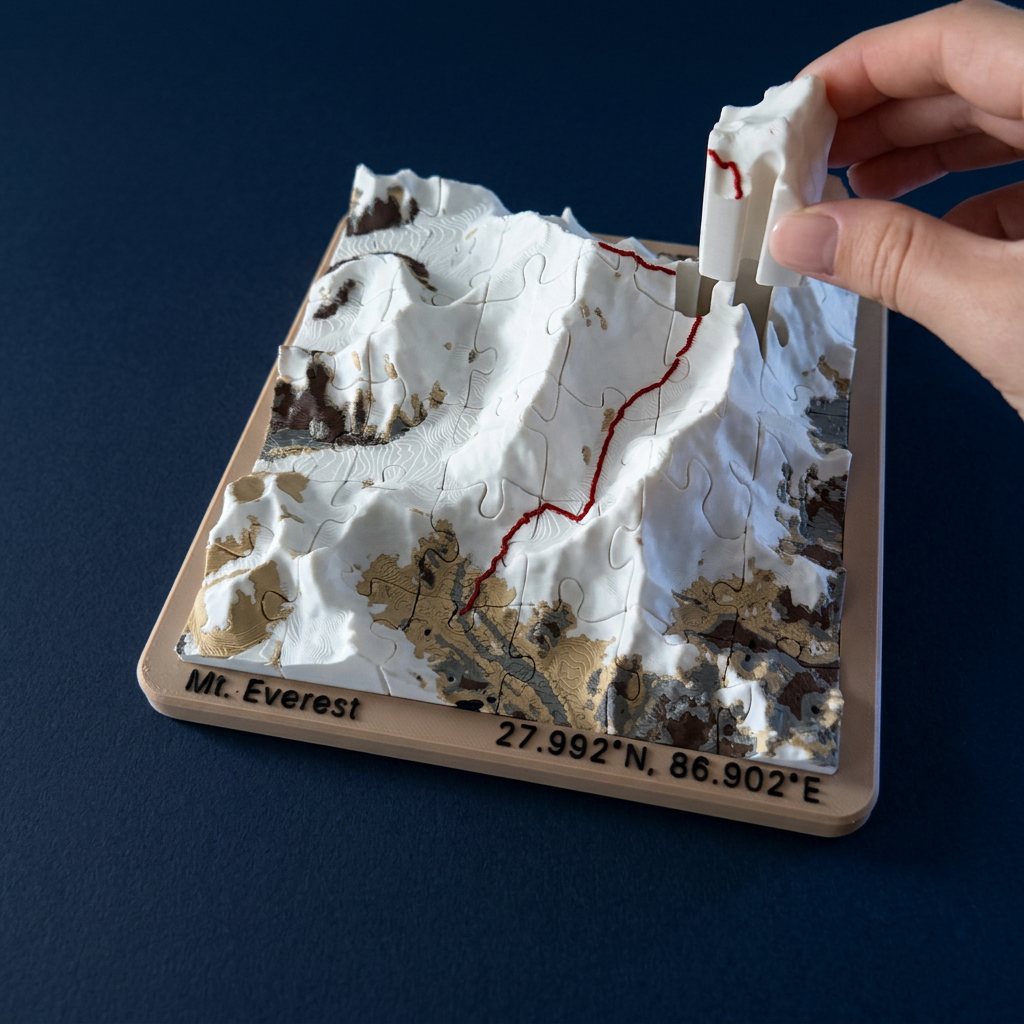 Eine Hand setzt ein Teil in das Panoramapuzzle vom Mount Everest