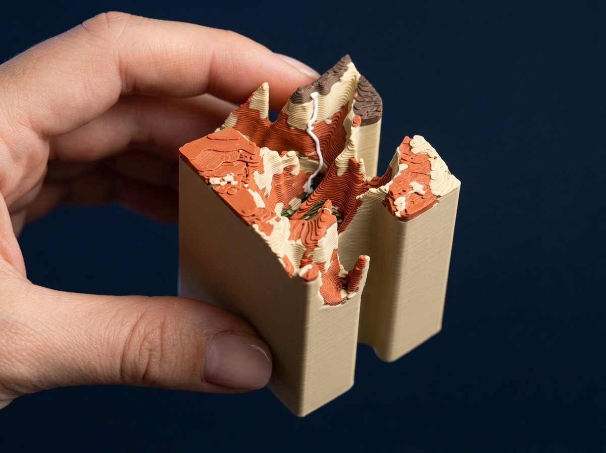 Ein einzelnes Puzzleteil mit gedruckten Bergen in der Hand