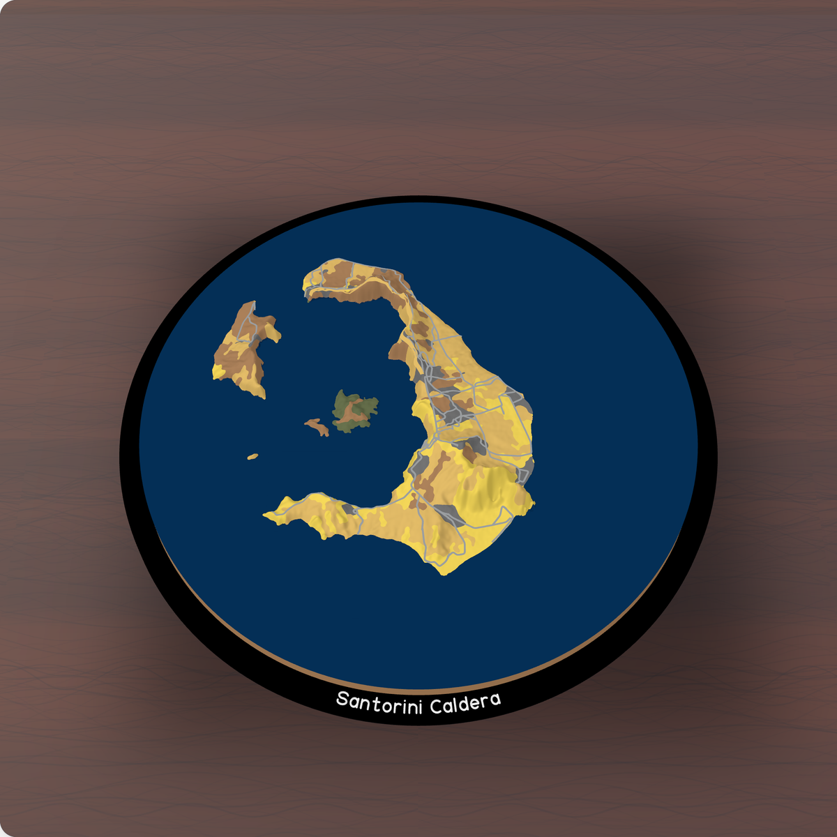 Insel Santorin, Kykladen: das gedruckte Gelände mit dem Weg „Santorini Caldera" auf einem Couchtisch, 250 mm.