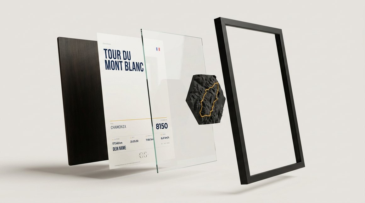 Exploded view of Memento with backing, paper, glass, relief and frame